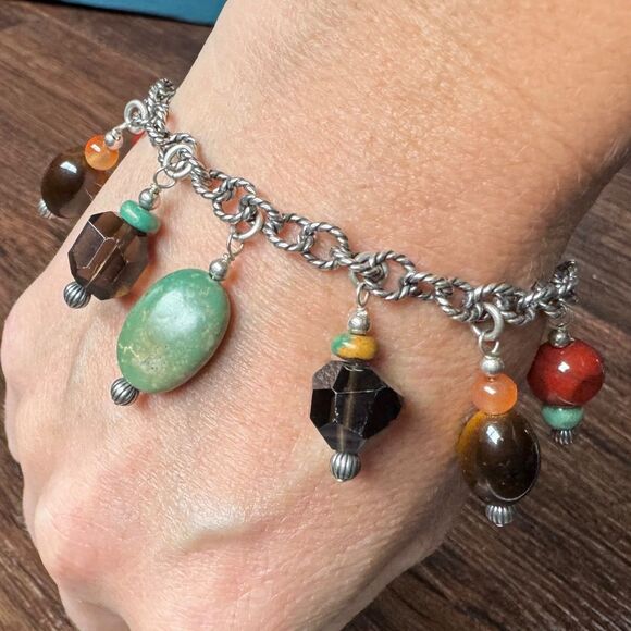 Vintage CAROLYN POLLACK Multi Gemstone Charm Bracelet Sterling Silver Turquoise - Picture 8 of 11